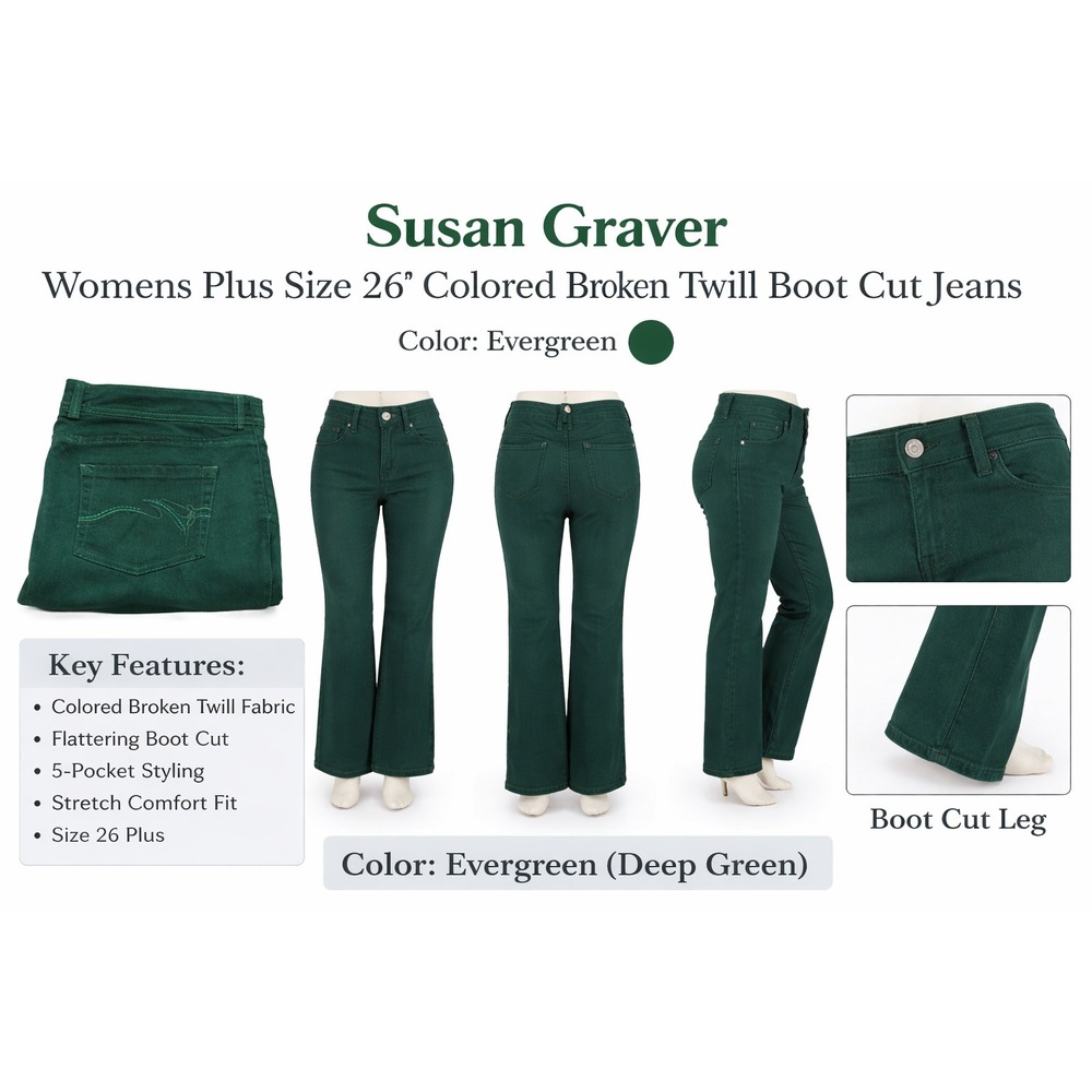 Susan Graver Womens Plus Size 26 Evergreen Broken Twill Boot Cut Jeans Green NWT